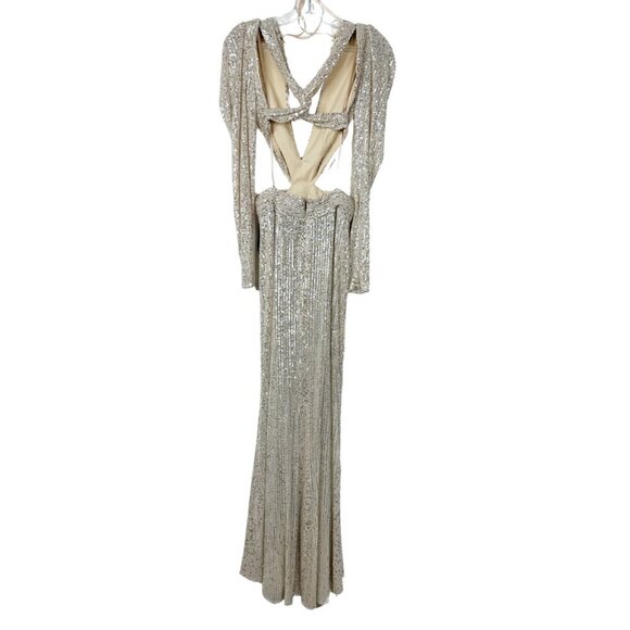 NWT Mac Duggal Silver Sequined Criss Cross Long Sleeve Gown Nude 2 - Picture 5 of 8